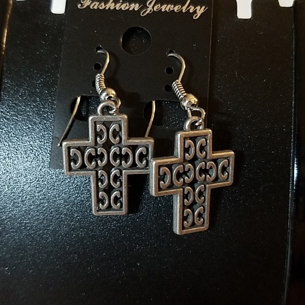 Cross Silver Tone Earrings